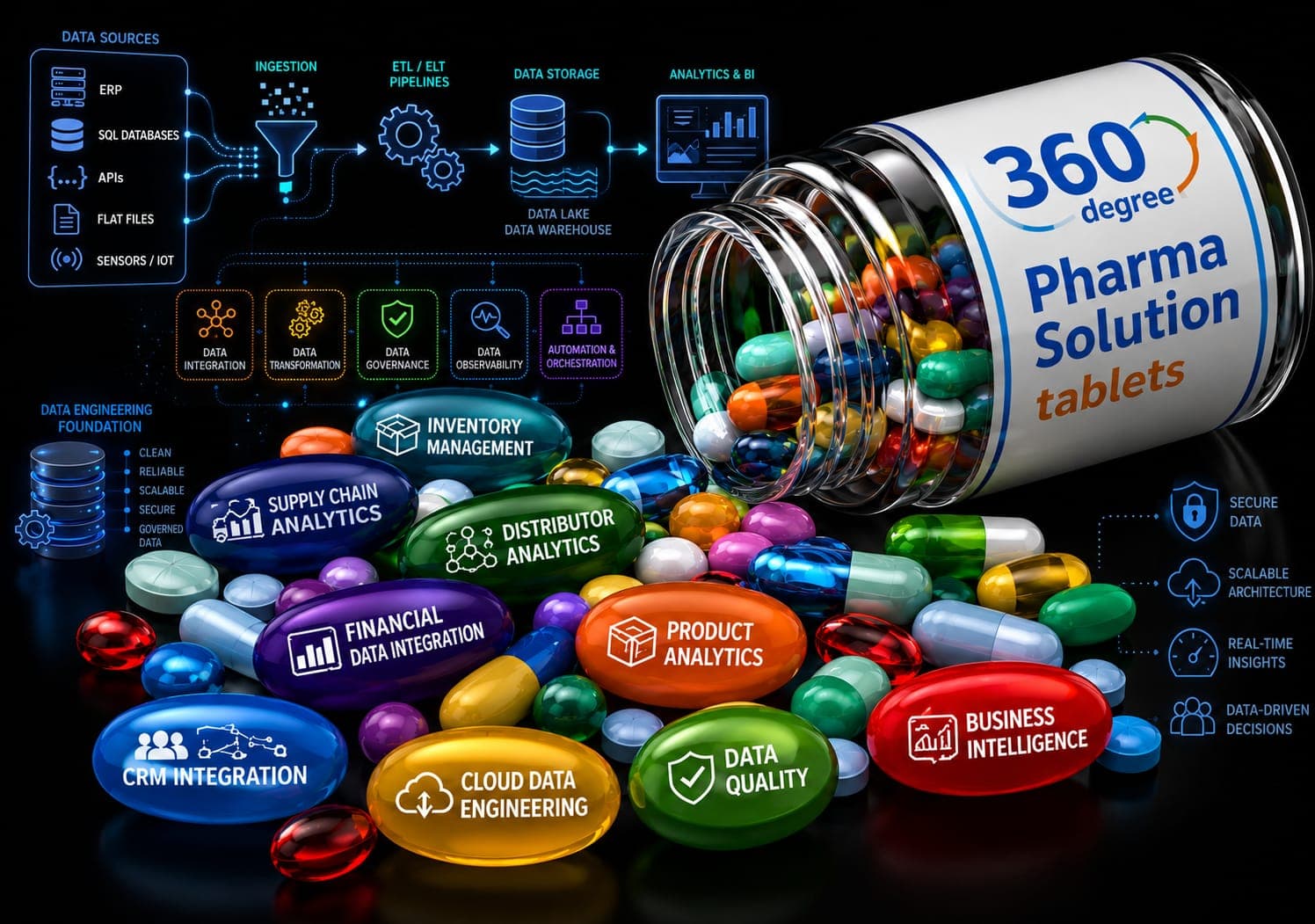 A pharmaceutical data platform, illustrated as a spilled bottle of capsules each labelled with a capability — supply chain analytics, inventory management, distributor analytics, financial data integration, product analytics, CRM integration, cloud data engineering, data quality and business intelligence. Above them a pipeline runs from data sources through ingestion, ETL/ELT, a data lake and warehouse to analytics and BI, over a foundation of data integration, transformation, governance, observability and orchestration.