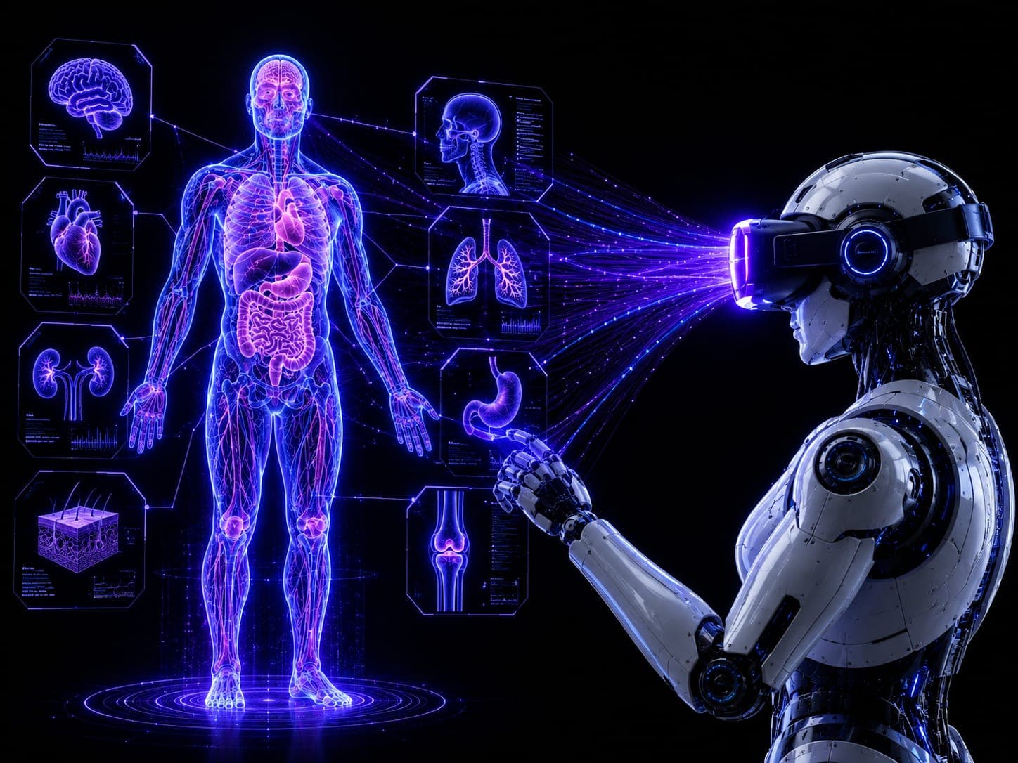 A robotic figure wearing a VR headset studies a luminous full-body anatomical model. Around it float panels showing brain, heart, kidney, lung, stomach, skin and joint detail, each linked back to the model, with data streaming between the panels and the headset.